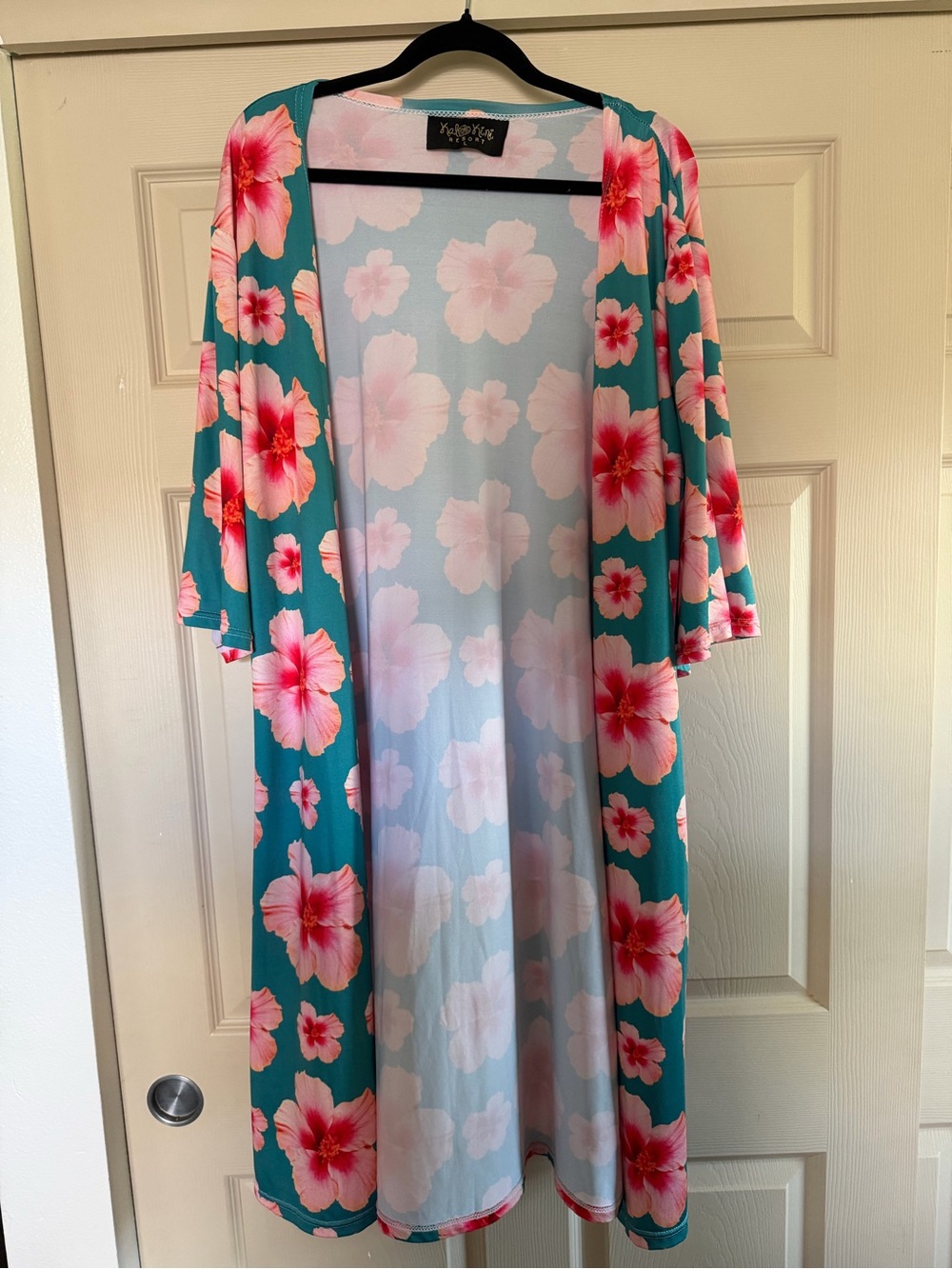 Kalo Kini Teal Floral Open Kimono with Pink Hibiscus